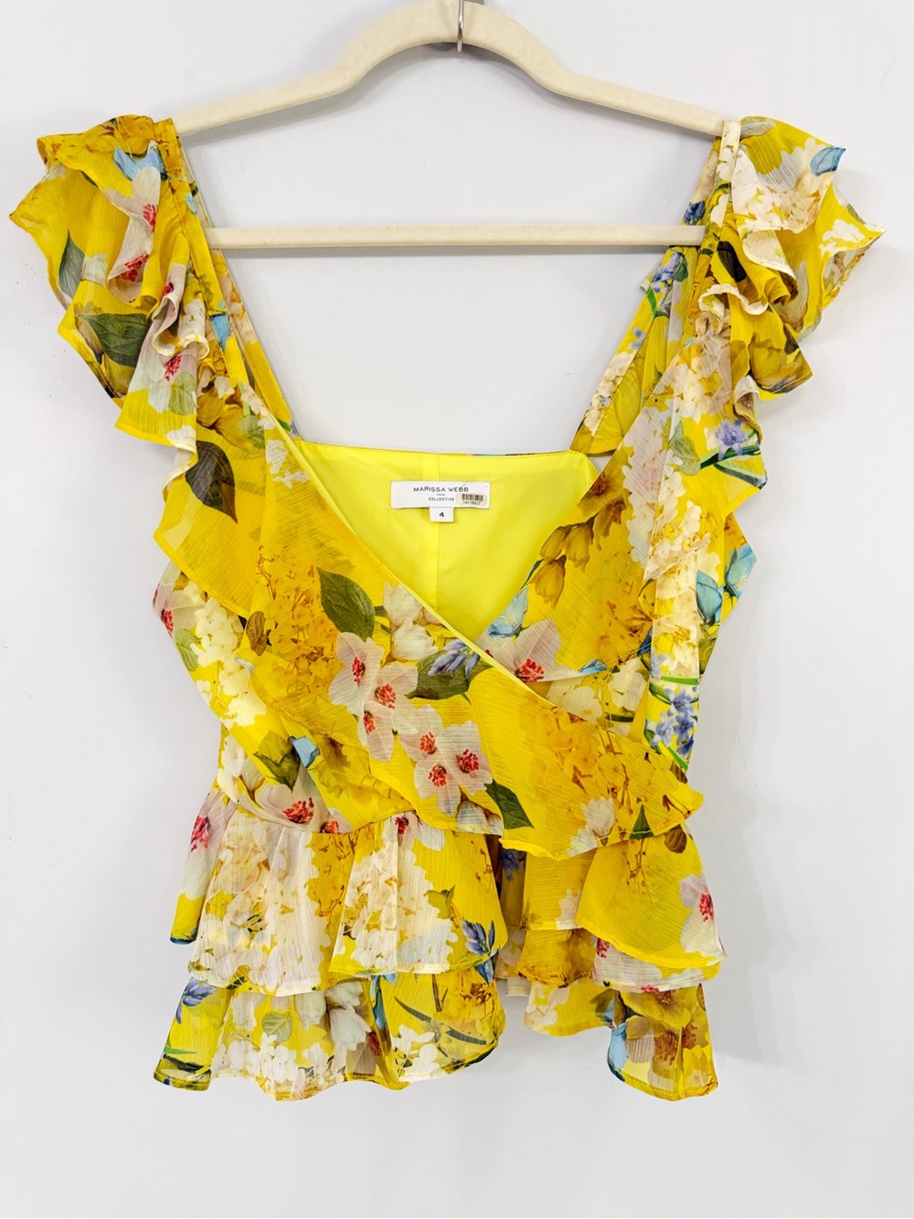 Marissa Webb Women’s 4 ruffle cap sleeve peplum deep v-neck floral yellow blouse